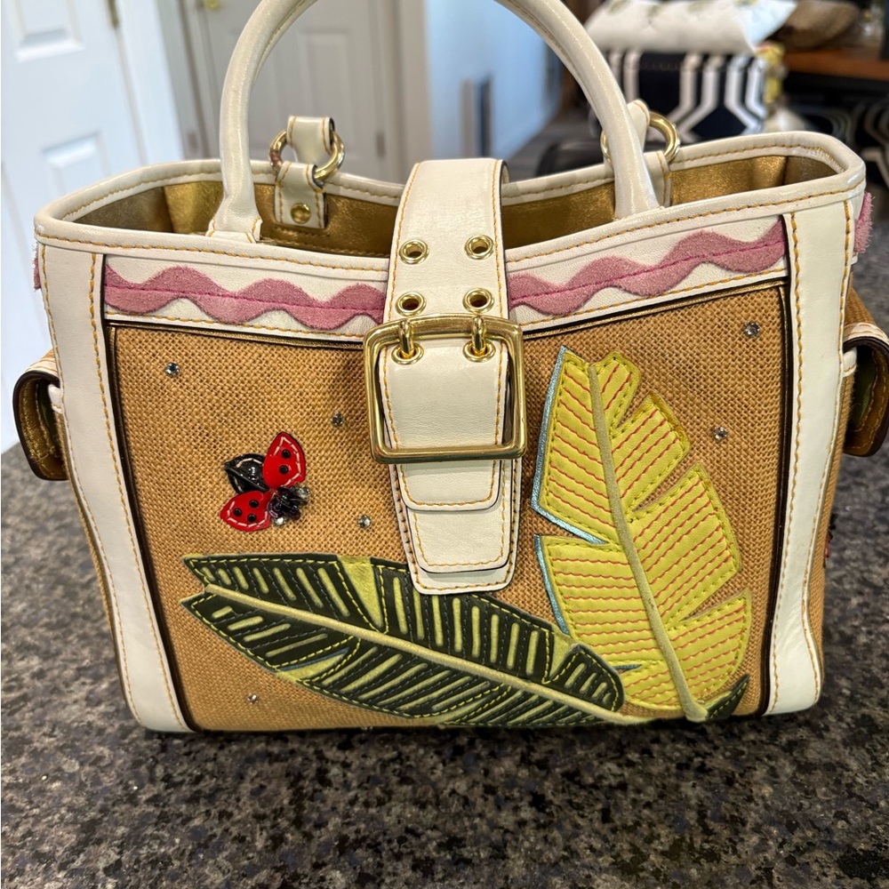 Vintage Coach  Tan and Cream Handbag with Leaf Design
